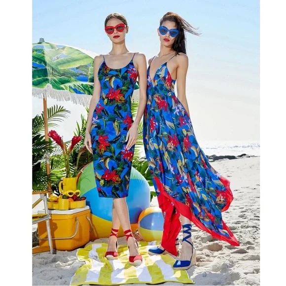 Alice + Olivia Kayson Floral Print Midi Dress Sz 0 NWT Tropical Sunrise Sapphire